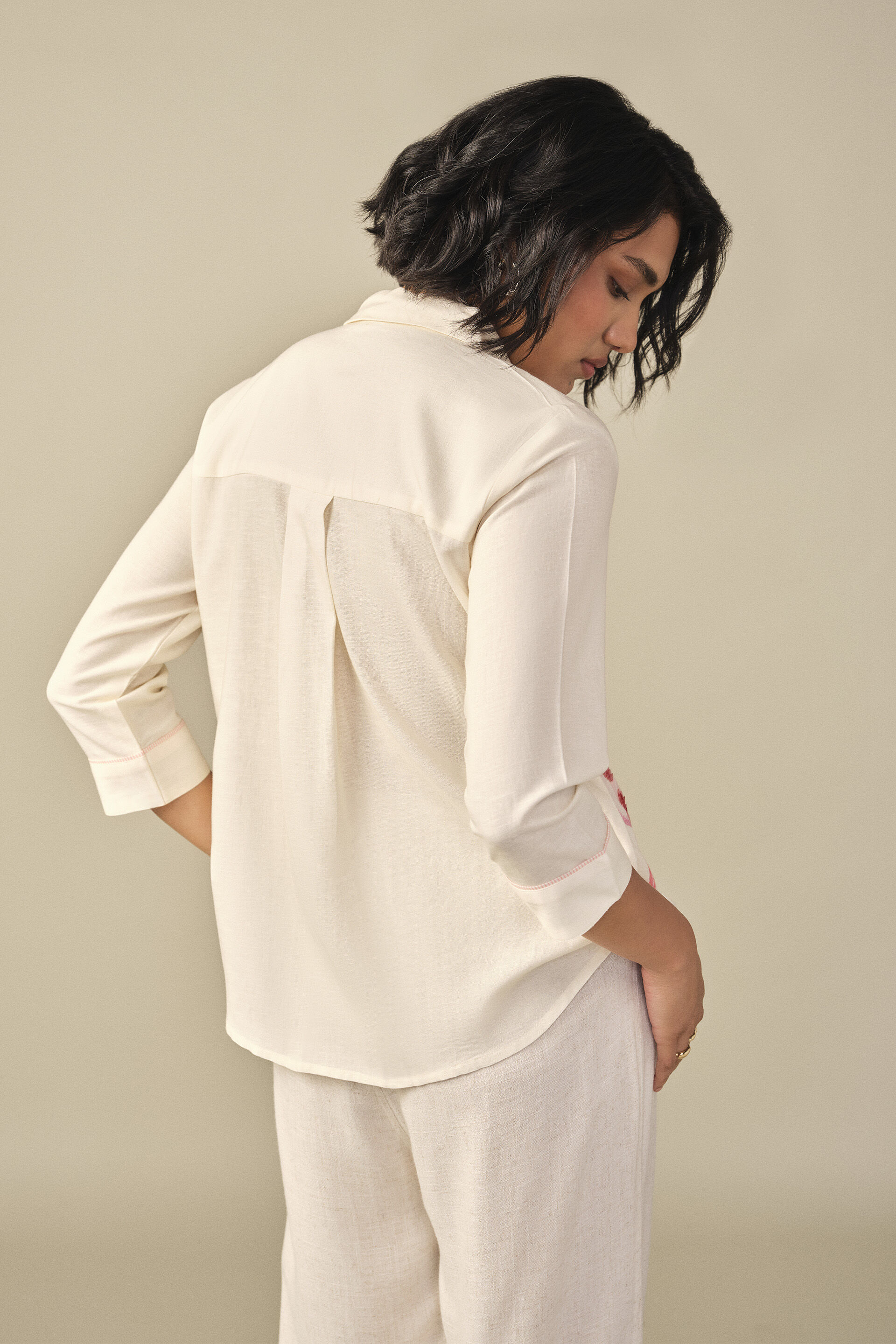 Floral Embroidered Shirt in Cream, White, image 5